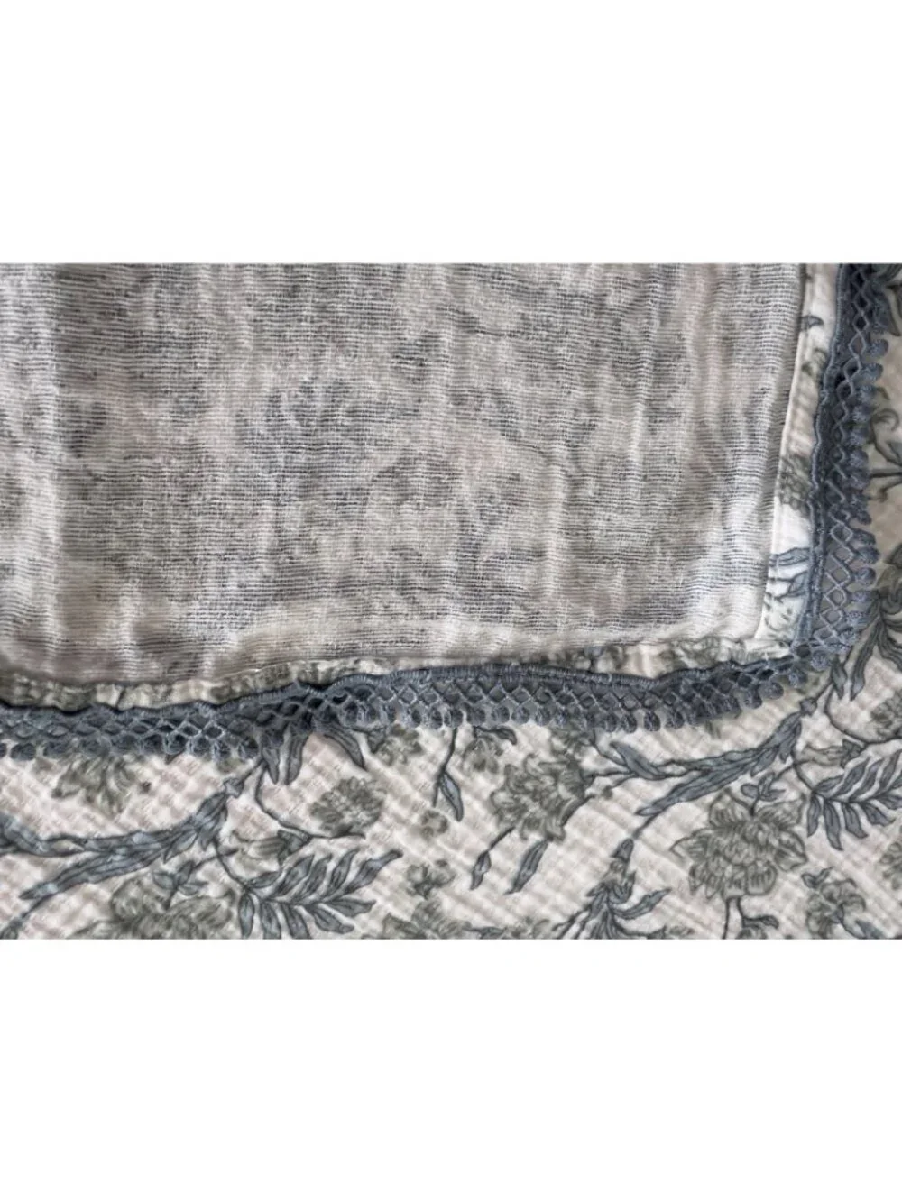 TOILE Shower Curtain Blue White Floral Lace Trim Crinkled Fabric 72